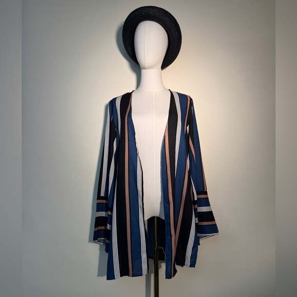 Missguided Blue Striped Open Front Kimono Top Cover-up - Picture 2 of 6